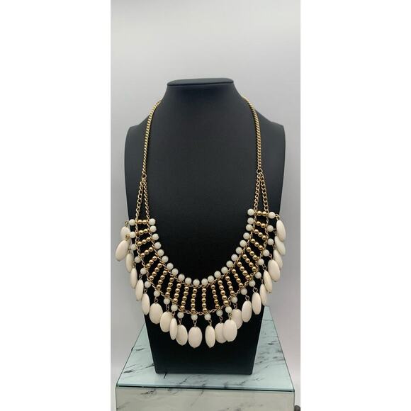 Gold Tone And White Dangly Beaded Statement Collar Bib Necklace - Picture 3 of 5